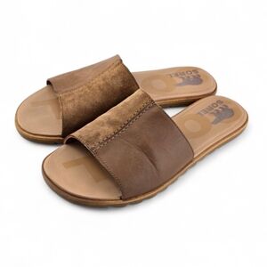 SOREL Women's Camel Brown Leather Suede Roaming Flat Slide Sandals 9.5